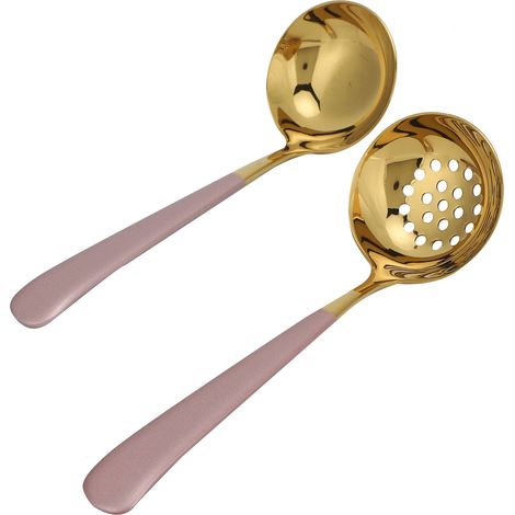 2-teiliges Edelstahl-Suppenlöffel-Set (Schöpflöffel, Schaumlöffel, Küchenutensilien) in Rosa und Gold (1/5)