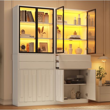 MODFU – Set de 2 vitrinas 70x34x180 cm blanco mate con LED Bluetooth, 2 cajones y puertas de vidrio – Blanco (1/5)