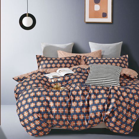 Biancheria da letto in raso 160x200 blu navy, arancione, beige, con motivo geometrico