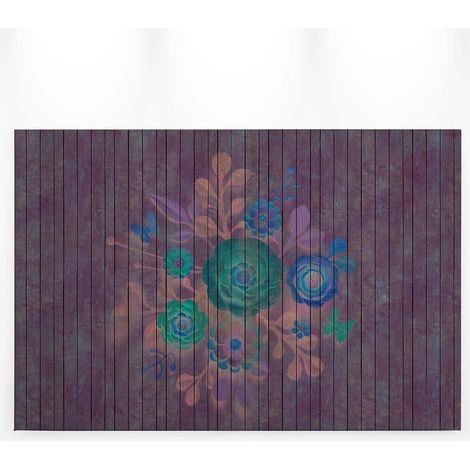 Tableau fleur sur fond bois | Tableau fleuri violet mauve & turquoise pour bureau & couloir | Tableau sur toile fleuri chambre fille - 0,9 x 0,6 m (1/5)