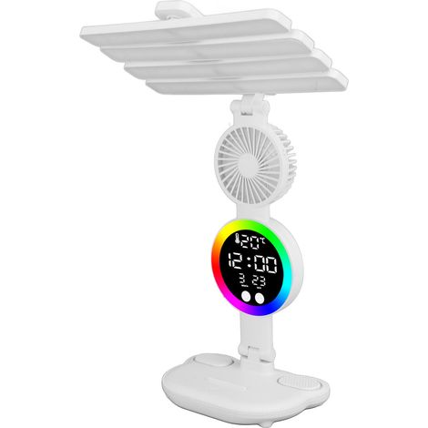 Lampe de bureau LED repliable rechargeable commande tactile luminosité variable continue avec ventilateur et porte-stylo heure date température (1/5)