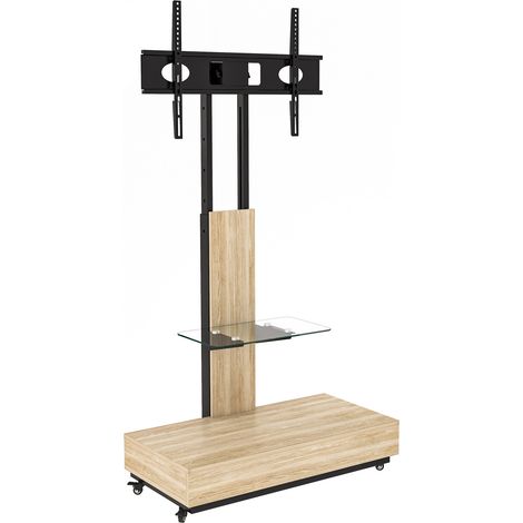Meuble TV mobile réglable avec étagère en verre trempé et tiroir, compatible TV 32-75 pouces, surface naturelle, 80 x 40 cm (1/5)