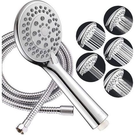 Pommeau de douche 107 mm – 5 fonctions – Finition chromée anti-calcaire – Tuyau flexible acier inoxydable 150 cm (1/4)