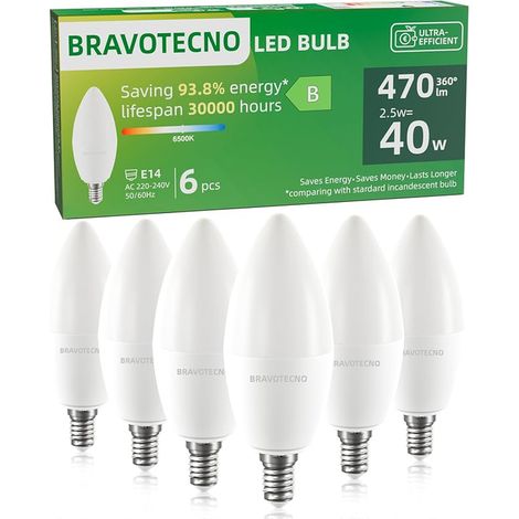 E14 LED Bulb, E14 Cool White 6500K, 2.5W 470LM C37, Equivalent to 40W, 360° Beam Angle, Non-Dimmable, Low Durable Heat (1/5)
