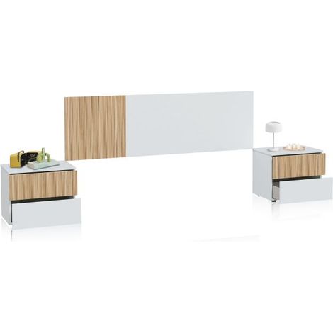 Cabecero para cama de 135-150 cm y 2 mesitas con cajones Nitza Blanco Artik (Blanco Mate) - Natur (ancho) x 50cm (alto) (1/5)
