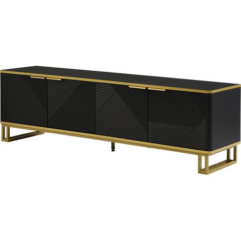TV-Schrank mit 4 Türen und Offenen Fächern, Geometrische Prägung Schwarz und Gold, Wohnzimmer, aus MDF, 160×37,5×48 cm, Schwarz (1/5)