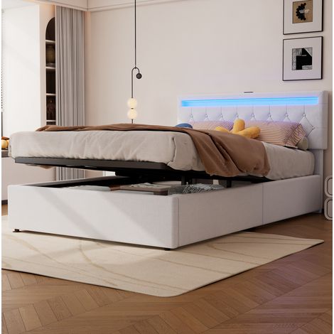MEUBLIV Cama 140x200 cm blanca – cama con almacenaje, LED, USB-C, sin colchón (1/5)