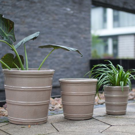 Set di vasi da giardino in ceramica fatti a mano - 3 pezzi (Ø 40,5/32/24 cm), lucido marrone taupe con struttura a righe orizzontali, traspirante, resistente al gelo, con fori di drenaggio per giardin (1/5)