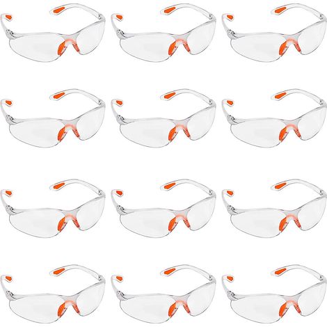 Lot de 12 lunettes de sécurité de protection transparentes avec verres en plastique, pont de nez et embouts de branches en caoutchouc pour un confort optimal - Lunettes de protection individuelle (EPI (1/5)
