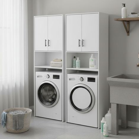 Set Muebles para Lavandería Delebio, Almacenaje 4 Estantes, 6 Compartimentos, Puerta Batiente, Blanco (1/5)