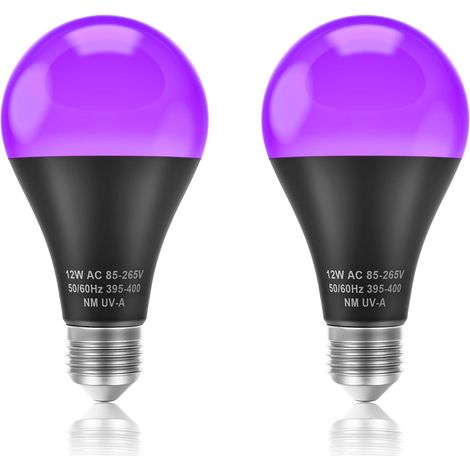 12W Ampoule LED UV Lot de 2, E27 Lumière Noire Lampe 395NM UVA, LED Ultraviolet pour Peinture Corporelle, Halloween, Bar, Fête, Fluorescent (1/5)