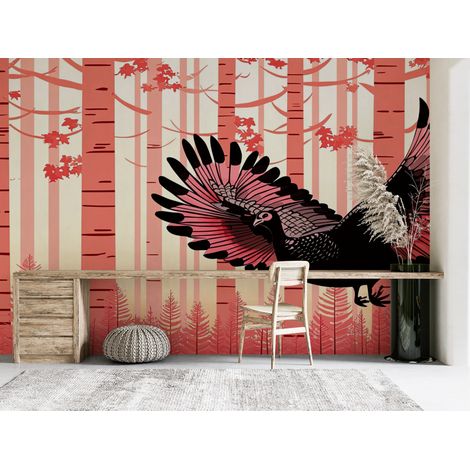 Papier peint animaux - rapace en plein vol dans une forêt rouge - 150 x 250 cm (1/2)