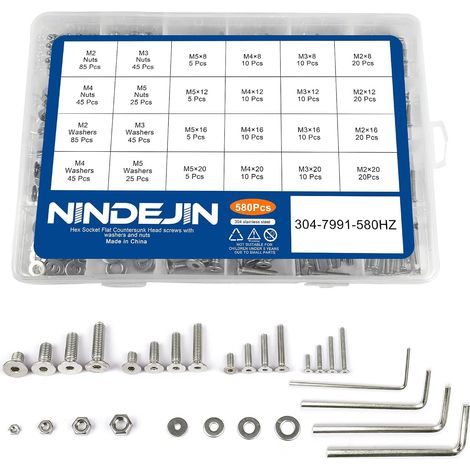 580 Pièces Vis à Tête Plate à Six Pans Creux et écrous et Rondelles Assortiment Set M2 M3 M4 M5 Vis à Métaux Tête Fraisée Vis 304 en Acier inoxydable Boulons écrous Tête Kit(Vis à Tête Plate) (1/5)