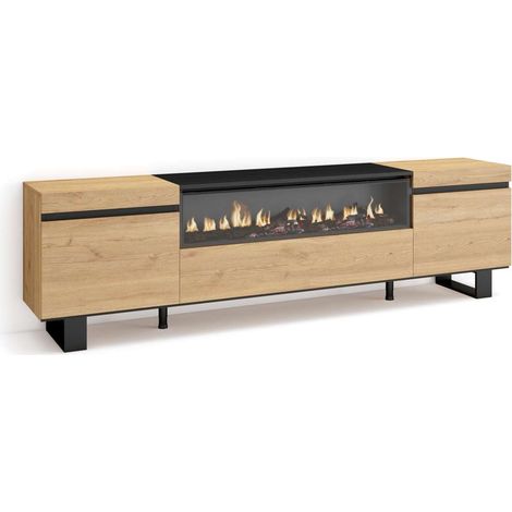 Mueble TV Adamuz de 200x57x35 cm con chimenea eléctrica, diseño industrial, color roble y negro (1/4)