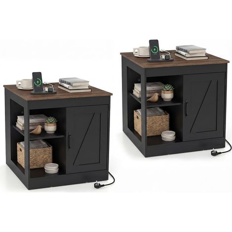 Costway – Table de chevet en bois avec 2 prises AC et ports USB – Armoire avec étagère réglable – Style rustique – Dimensions 60x60x61 cm (1/5)