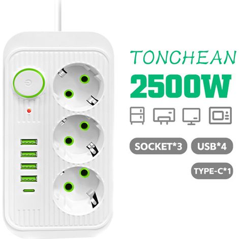 Multiprise murale avec prises et ports USB dont port C en pour le bureau à domicile 3 4 1 8 blanc (1/4)