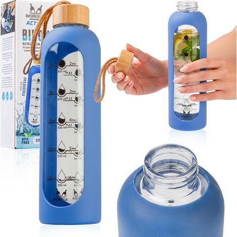 Bottiglia d'acqua in vetro da 1000 ml con custodia in silicone (blu)