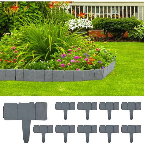 10 PCS Bordures de Jardin 2.5m Bordure de Pelouse Bordure de Gazon Jardin Clôture Bordure Clôture Effet Pierre Gris Bords de Pelouse en Plastique (1/5)