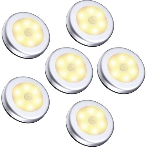 Lampe Détecteur de Mouvement, Lampe de Placard, Veilleuse 6 LED, Automatique Appliques pour Vitrines avec Aimant Intégré, Alimenté par Batterie pour, Escalier, Cuisine, Penderie - Blanc Chaud (1/5)