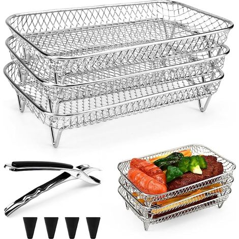 Ensemble 3 paniers empilables inox 304 pour friteuse sans huile, avec plateau et grille, accessoire cuisine (1/5)