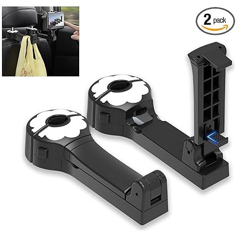 BEBUSINGOTO Gancho para reposacabezas de coche con soporte para teléfono, paquete de 2, ganchos 2 en 1 mejorados para el asiento trasero del coche, gancho giratorio de 360°, organizador universal para (1/4)