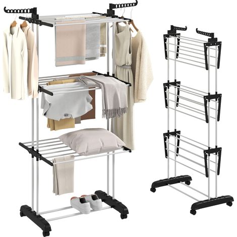 Corde à linge pliable avec roues 3 niveaux avec ailes et cintres pliants 73 x 64 x 172 cm noir et blanc
