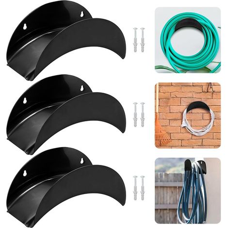 Set mit 3 Wandhalterungen für Gartenschläuche, 28 x 13 x 13 cm, Metallhaken zum Aufhängen, mit 6 Schrauben und 6 Dübeln, zur Schlauchaufhängung (schwarz) (1/5)