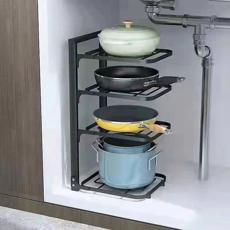 Étagère de rangement pour casseroles multicouche renforcée à forte capacité, organiseur de marmites à coins arrondis pour cuisine, 4 niveaux / 52x27x23 cm (1/4)