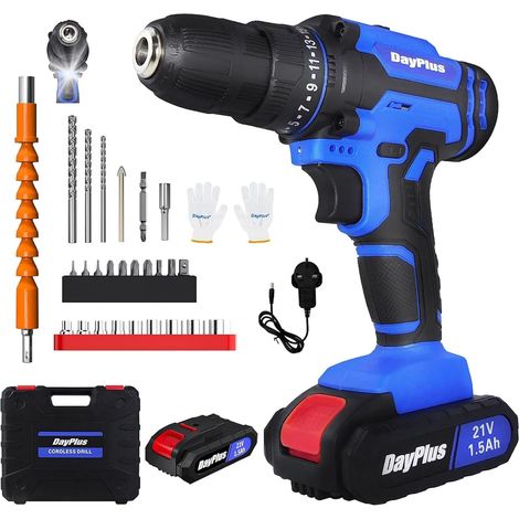 Perceuse / visseuse électrique sans fil 21V, avec lampe de travail à LED, jeu de perceuses électriques, couple 45N. m, 25 + 1 vitesses, vitesse 0-400/0-1400RPM, y compris batterie et chargeur 1500mAh (1/5)
