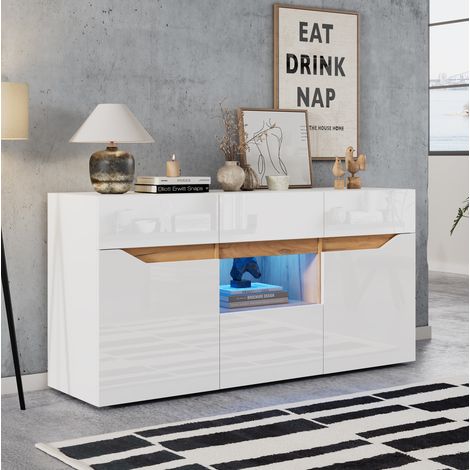 1404070cm Wohnzimmeranrichte,Sideboards Mit 4 Schubladen,Schrank mit zwei Fächern,breite grifflose Kommode, vielseitig einsetzbar,Hochglanz-Sofa-Beistellschrank mit LED-Beleuchtung,Weiß + Holzfarbe (1/5)