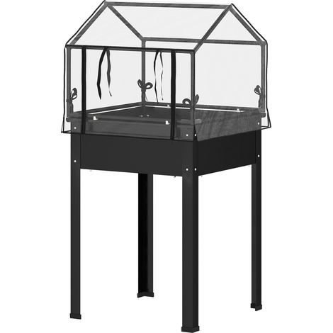 Plate-bande surélevée avec toit serre, bac plantes trous drainage, 60x60x120 cm, noir