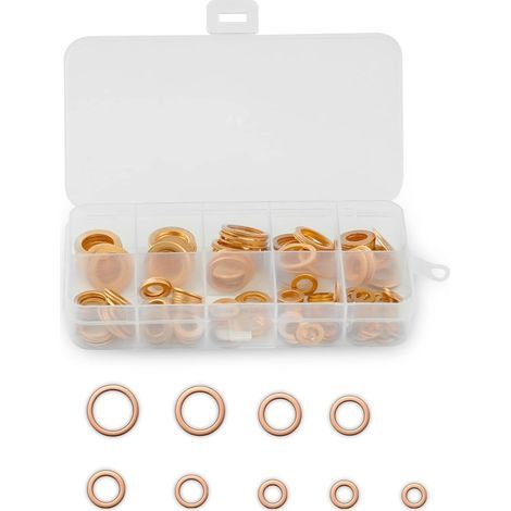 200 Stück Kupfer-Metallscheiben, Kupfer-Flachscheiben, Dichtungsringe, Messing-Flachdichtungen mit Sortierbox, geeignet für Schraubbefestigungen (M5/M6/M8/M10/M12/M14) (1/5)