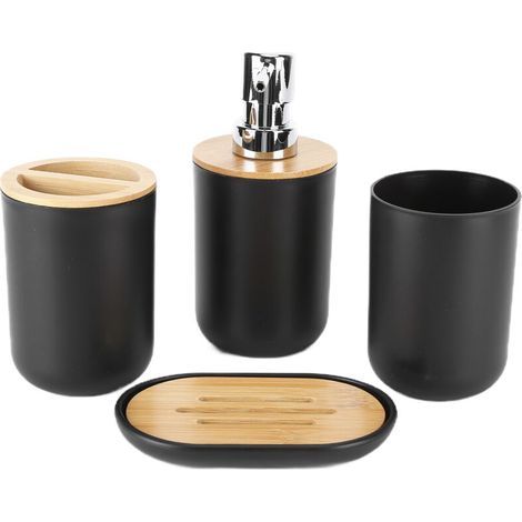 Set 4 accessoires salle de bain en bambou écologique – étanche, durable, noir – idéal maison & hôtel (1/5)