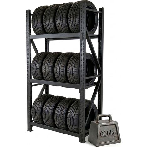 Relaxdays Étagère pour 12 pneus, H x L x P 180 x 120 x 50 cm, 600 kg, acier, système à emboîter, garage/atelier, noir (1/5)