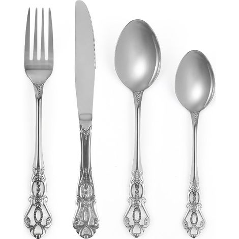 set couverts de table argent 6 personnes Rétro, ensemble de couverts inox 24 pièces, se compose de couteaux/fourchettes/cuillères, finition Poli résistant, facile à nettoyer (1/5)