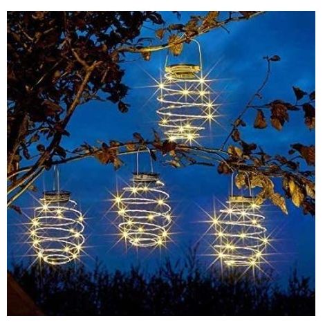 Lot de 4 lanternes solaires à LED en spirale, lampes solaires de jardin décoratives à suspendre, lampe suspendue étanche pour jardin, terrasse, porche (1/5)