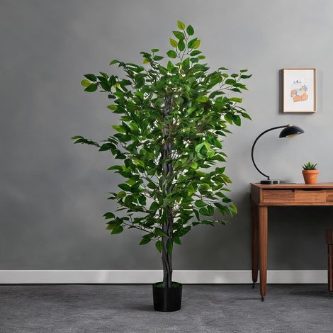 Ficus artificiel vert 135 cm en pot avec tronc en plastique (1/5)