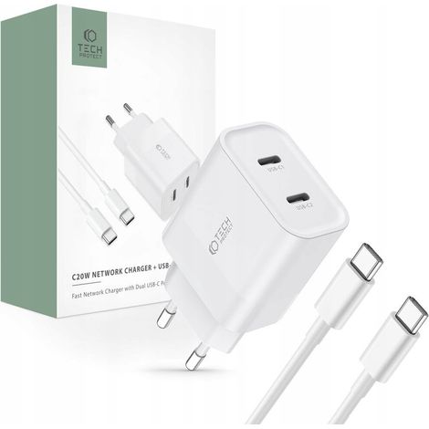 Tech-protect C20W 2-Port-Netzwerkladegerät PD20W + Typ-C-Kabel weiß (1/5)