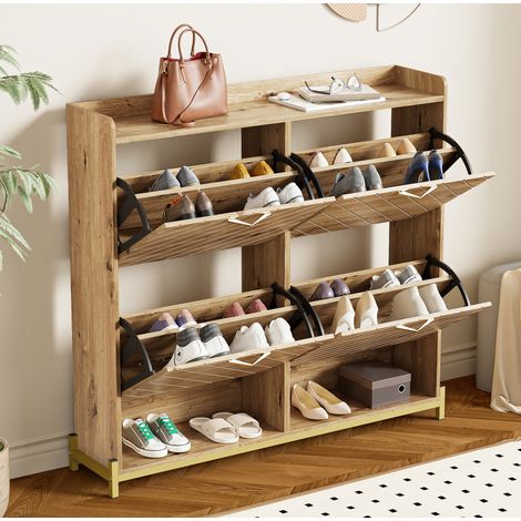 Zapatero 108.5x24x100 cm color madera en MDF con 4 puertas abatibles y diseño compacto (1/5)