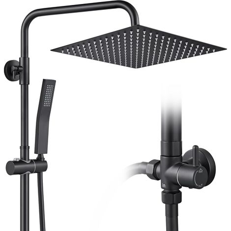 Colonne de Douche Sans Mitigeur Noir Mat en Laiton, Colonne Télescopique 68-108cm avec Tête de Douche Carrée 12", Douchette Carrée et Flexible PVC, pour Baignoire et Salle de Bain (1/5)