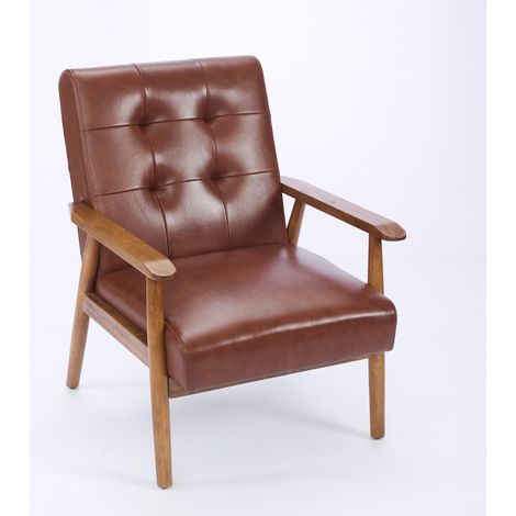 Poltrona lounge in vera pelle marrone con braccioli effetto noce e gambe in legno di gomma (1/5)