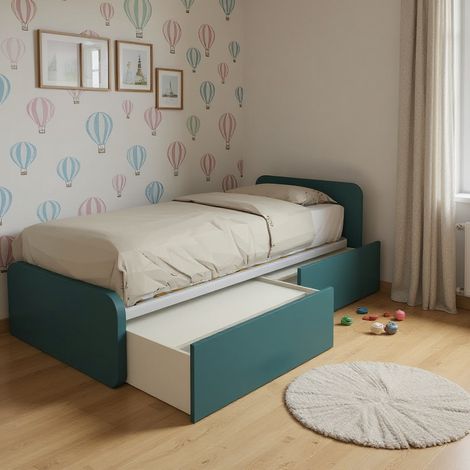 Letto singolo con cassetti 80x190 per cameretta - Design personalizzabile - Verde Petrolio