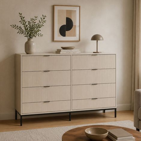 Cómoda Lamila, 8 cajones, apertura deslizante, cierre Soft Close, 150x40x116h cm Beige Cashmere (1/4)