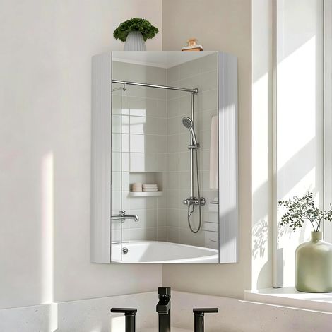 Armoire Murale Salle de Bain, Meuble Salle de Bain avec Miroir, Meuble de Rangement d’Angle, Armoire Suspendue avec 3 Étagères, Placard de Rangement, 32 x 65 cm, Blanc (1/5)