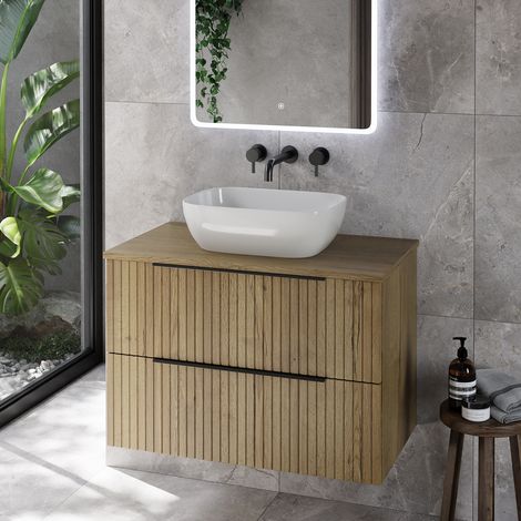 Helix 460 Fluted Autumn Oak 800mm Wall Mounted 2 Drawer Vanity Unit for Countertop Basins