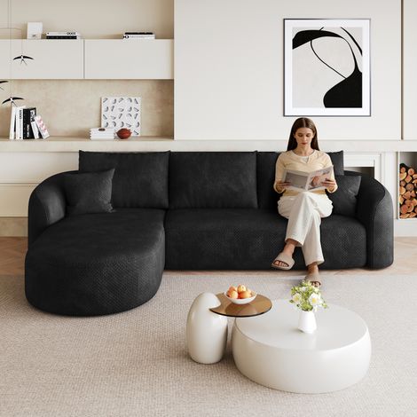 Canapé d'angle en L de 266 cm, canapé compressé en mousse, canapé modulable sans armature, canapé compressé pour salon, chambre, appartement, aucun montage requis, noir (1/5)