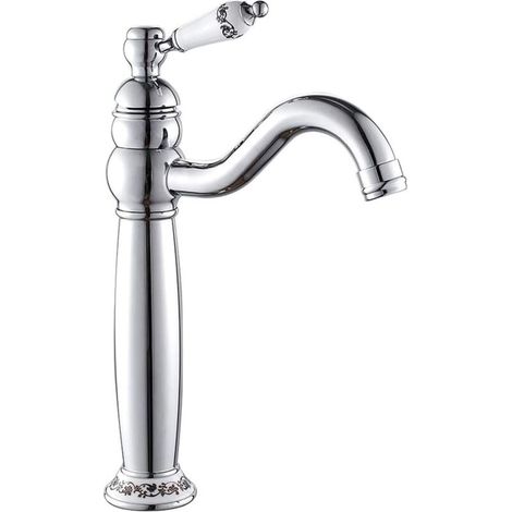 Classic Brass High Bathroom Sink Mixer Tap, Single Lever Faucet, Ceramic Handle(Silver) MUMU (1/4)