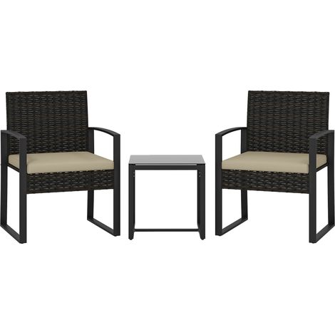 Outsunny Rattan Bistro Set, 3 PCS Garden Furniture with Cushion, Khaki