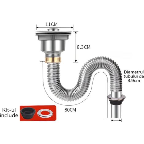 Edelstahl-Spülbeckenheber, Komplettset, inklusive Ventil mit Sieb und Deckel (Ø 11 cm, Länge 80 cm), flexibel, mit DN32- und DN40-Reduzierstücken sowie Maske. (1/3)