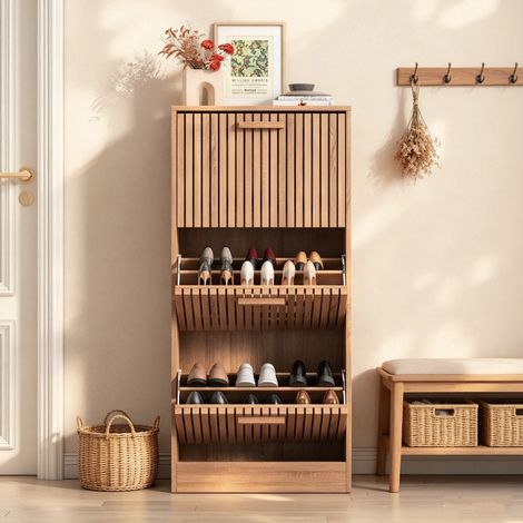 Meuble à Chaussures Mince en Bois - avec 3 Tiroirs Rabattables - Étagère à Chaussures Design Vertical - pour Entrée -Couleur Naturel (1/5)